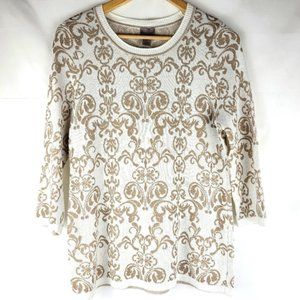 Chico's Easy Wear 3/4 Sleeve Gold Pattern Sweater